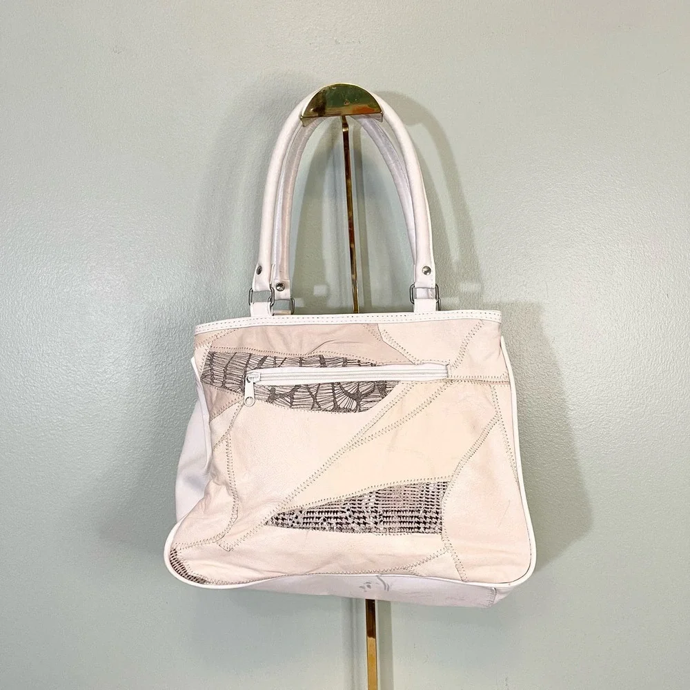 Leather Shoulder Bag Women's Cream White Genuine Leather Patches Satchel  Bag
